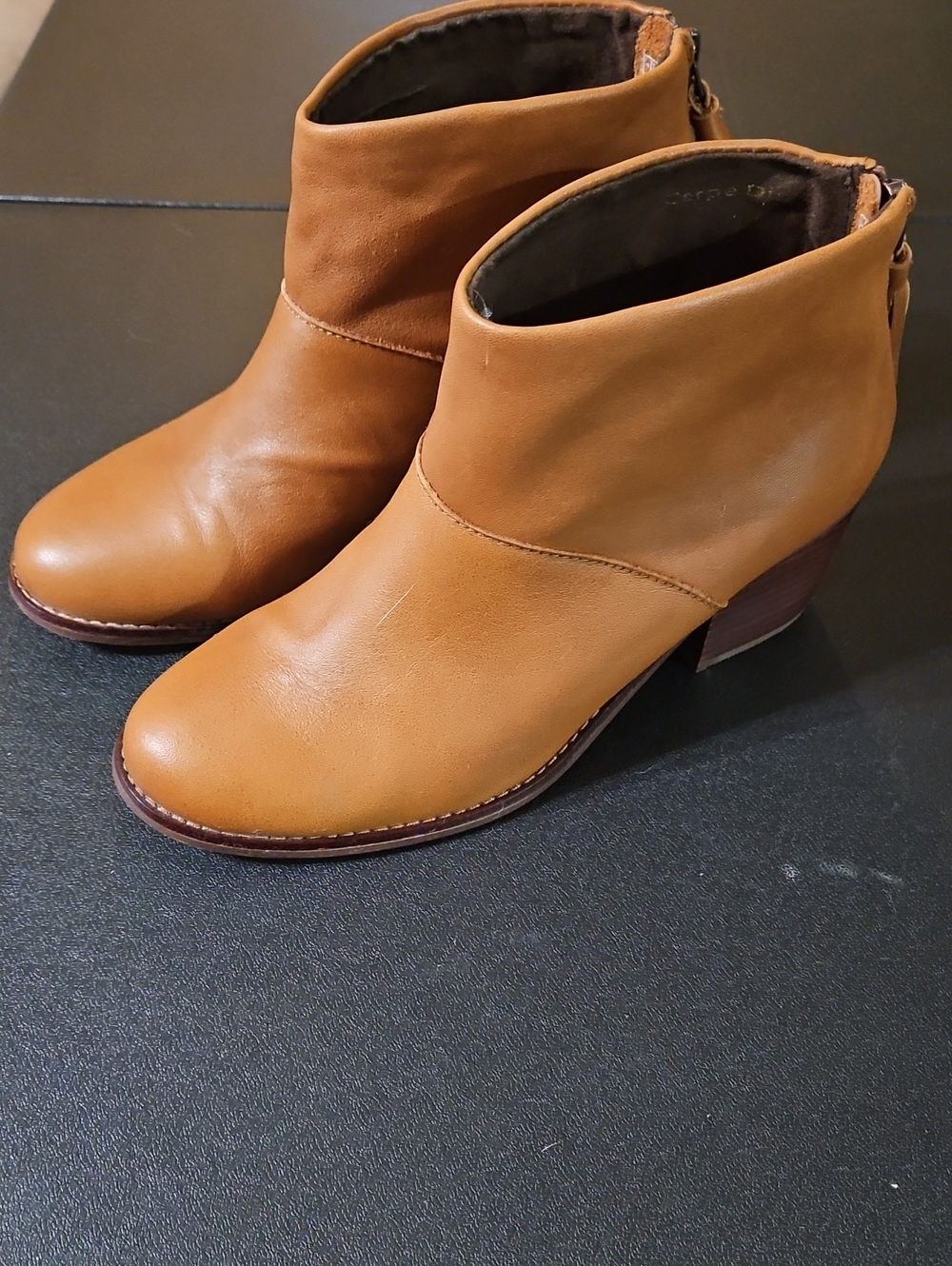 Toms Tan Leather Ankle Booties with Low Block Heel